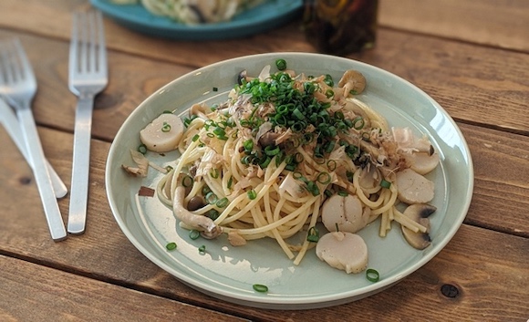 我が家の「ほたてときのこの和風パスタ」