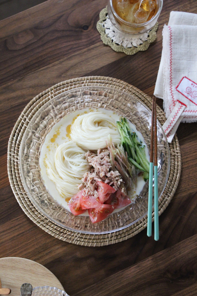 ツナとトマトの冷たい豆乳そうめん