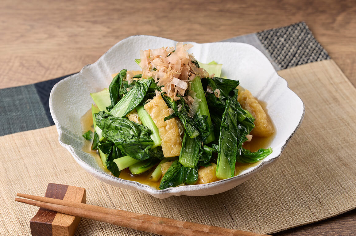 レンジで作る小松菜と油揚げの煮浸し